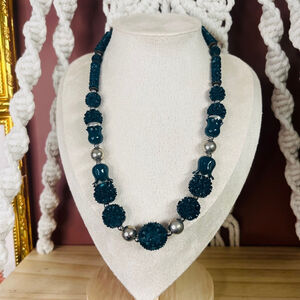 Vintage 1970s Acrylic Beaded Necklace Textured Dark Teal Green Beads Retro Style